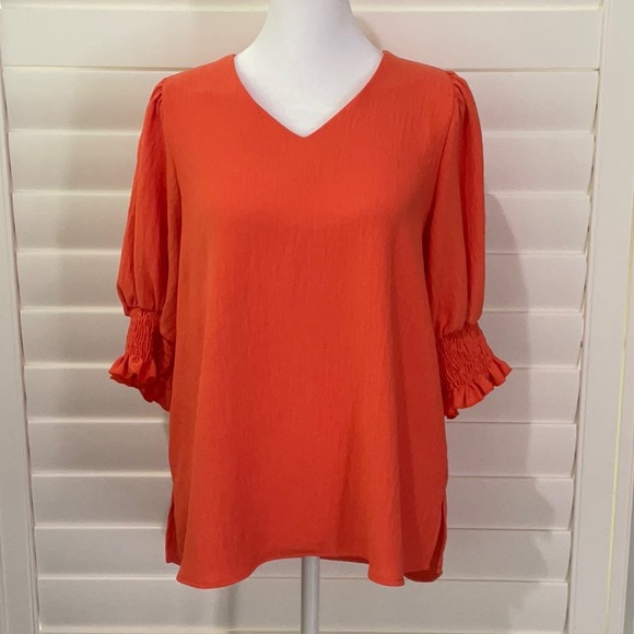 Periwinkle Collection Orange Pouf Short Banded Sleeve Crinkle V-Neck Blouse | S - Picture 1 of 6